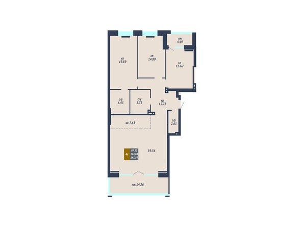 Планировка 4-комнатной квартиры 124,84 кв.м