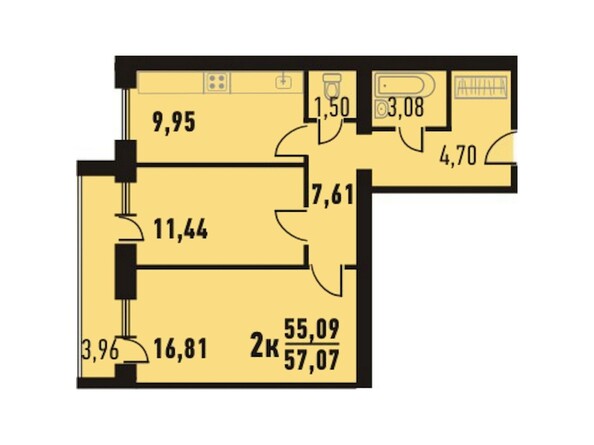 Планировка двухкомнатной квартиры 57,07 кв.м
