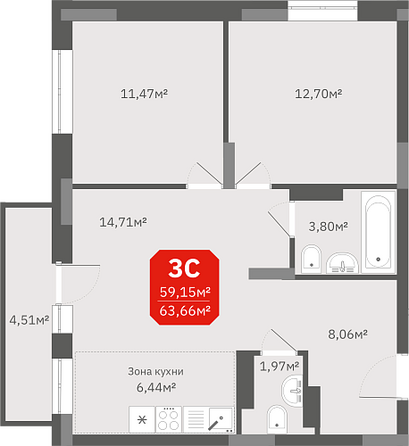 Планировка 3-комн 59,15 м²