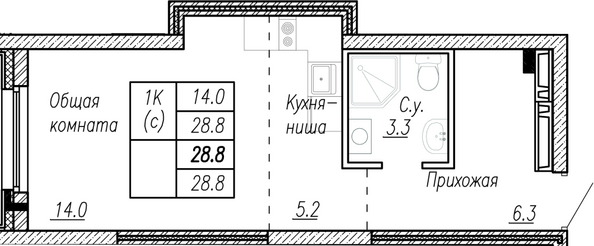 Планировка 1-комн 28,8 м²