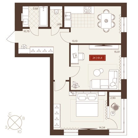 Планировка 2-комн 61,4 - 61,89 м²