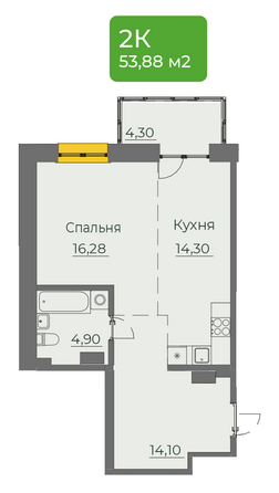 Планировка 1-комн 53,88 м²
