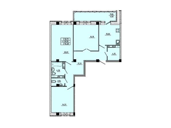 Планировка 3-комнатной квартиры 94,68 кв.м