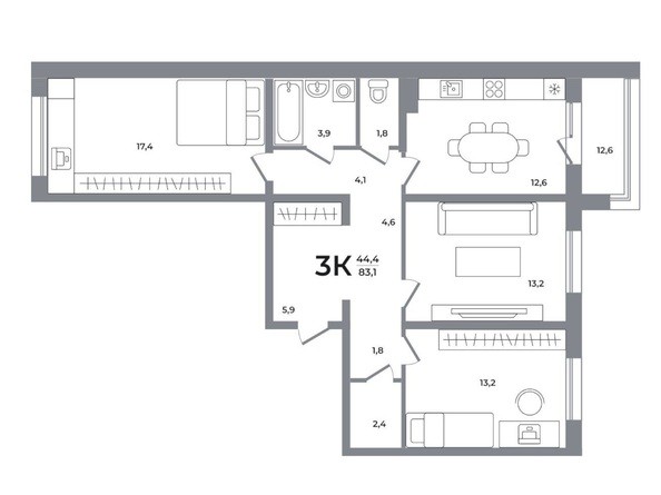 Планировка 3-комн 83,1 м²