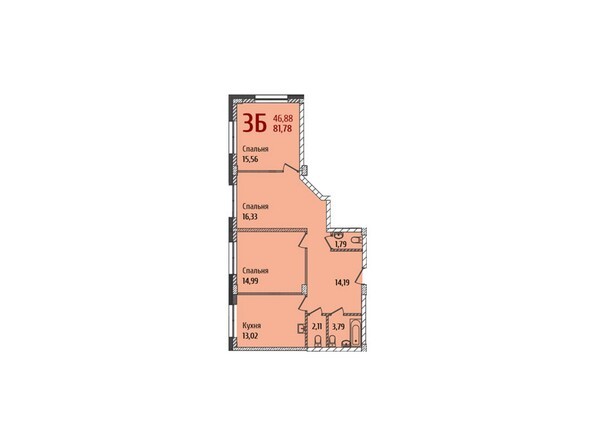 Планировка 3-комнатной квартиры 81,78 кв.м