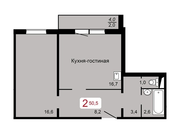 2-комнатная 50,5 кв.м