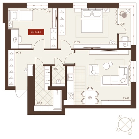 Планировка 3-комн 74,2 м²