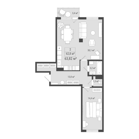 Планировка 2-комн 63,82 м²