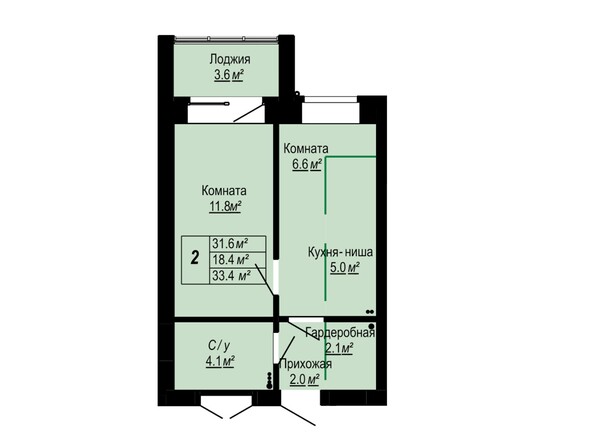 Планировка 2-комн 33,4 м²