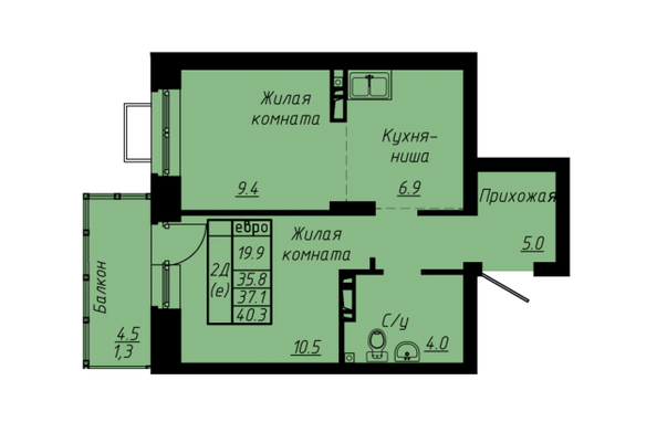 Планировка 2-комн 37,1 м²