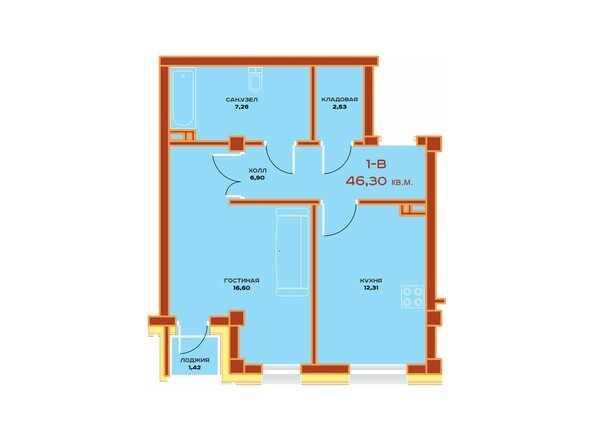 Планировка однокомнатной квартиры 46,30 кв.м