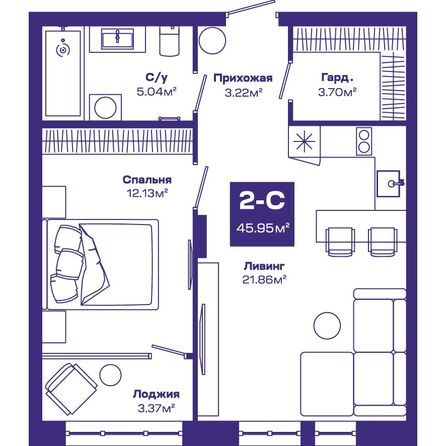 Планировка 2-комн 45,95 м²
