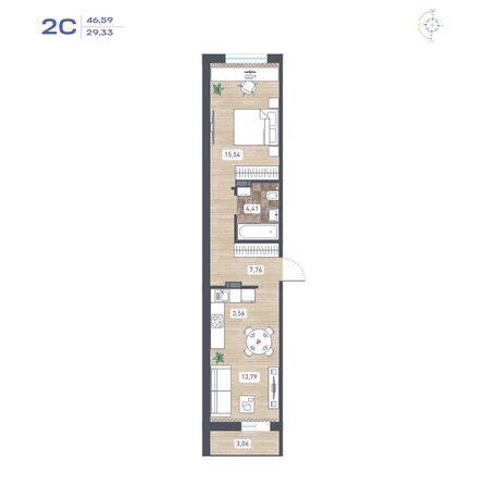 Планировка 2-комн 46,59 м²