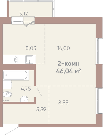 Планировка 2-комн 46,04 м²