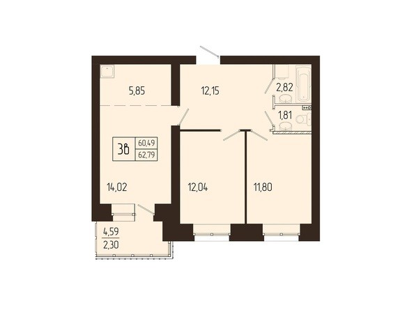 Планировка трехкомнатной квартиры 62,79 кв.м