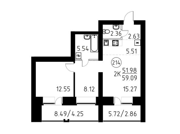 Планировка 2-комн 59,09 м²