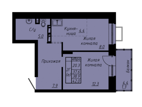 Планировка 2-комн 38,9 м²