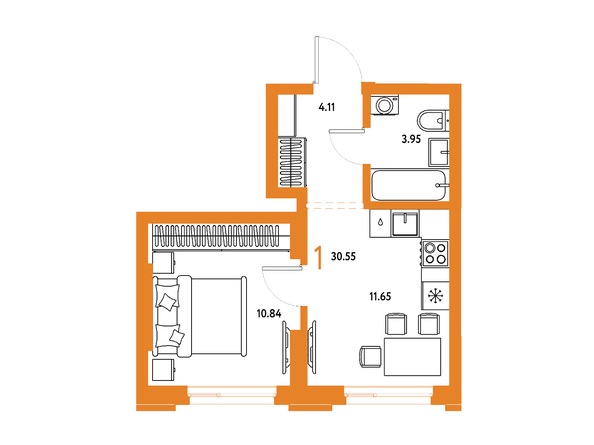 Планировка 1-комн 30,55 м²