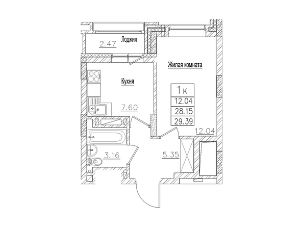 Планировка 1-комн 28,1, 29,39 м²