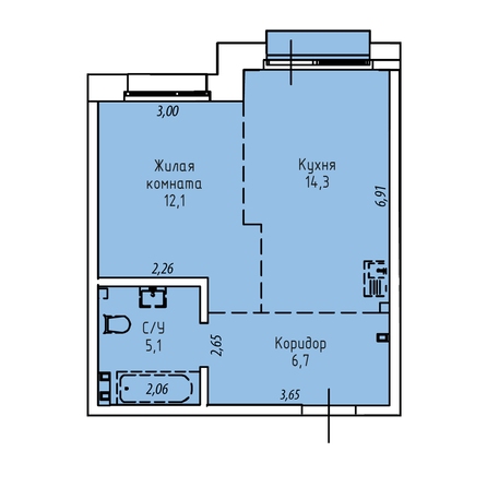 Планировка 1-комн 38, 39,2 м²