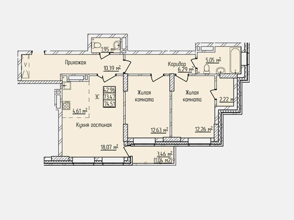 Планировка трехкомнатной квартиры 74,51 кв.м