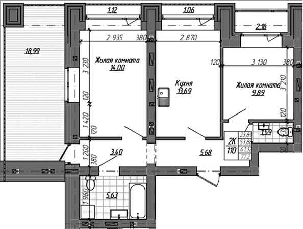 Планировка 2-комн 53,88 м²