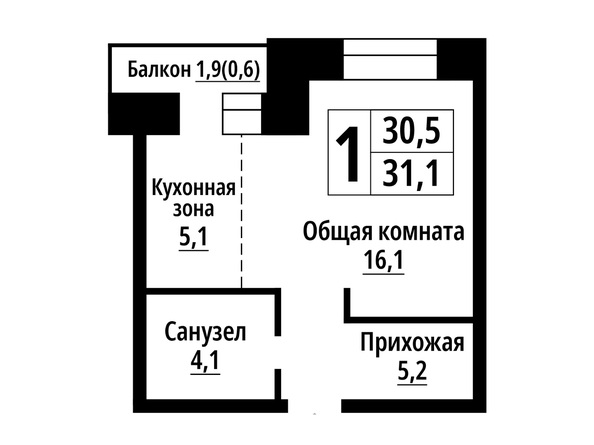 Планировка 1-комн 31,1 м²