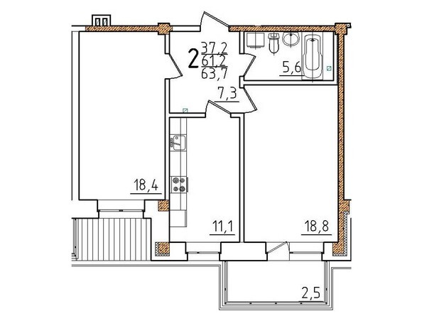 Планировка двухкомнатной квартиры 63,7 кв.м