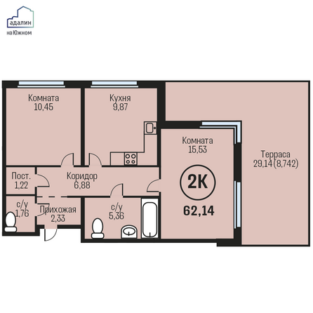 Планировка 2-комн 62,14 м²