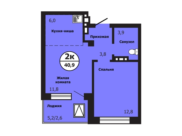 Планировка 2-комн 40,9 м²