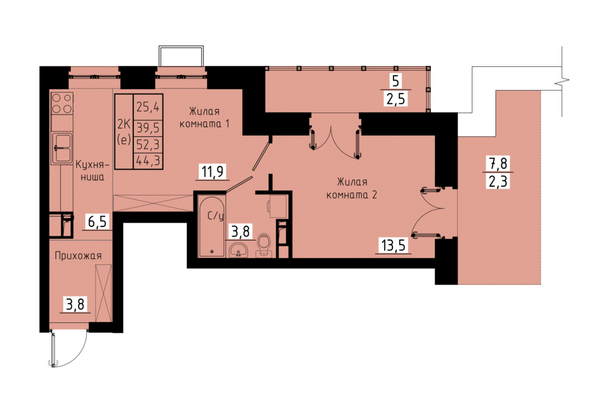 Планировка 2-комн 44,3 м²