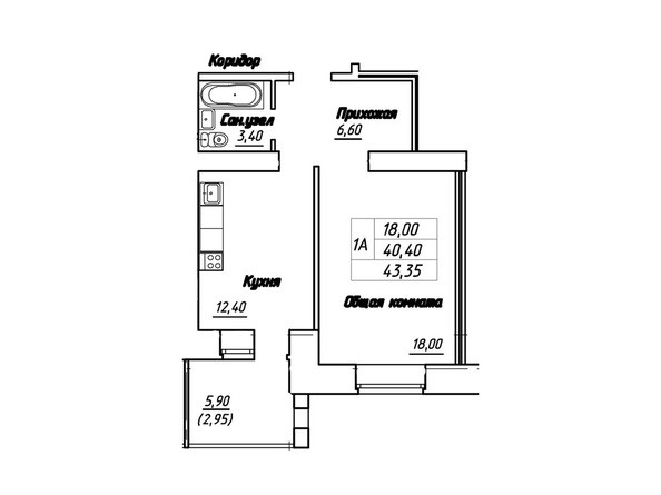 Планировка однокомнатной квартиры 43,35 кв.м