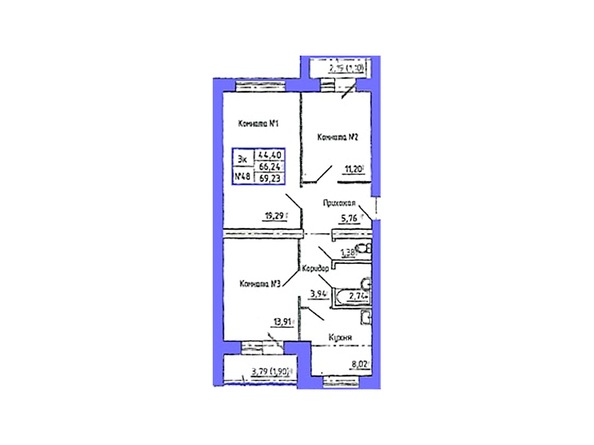 Планировка 3-комн 69,23 м²