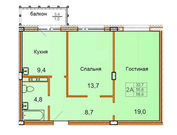 Планировка 2-комн 56,6 м²