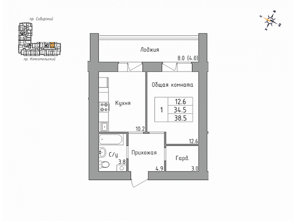 Планировка однокомнатной квартиры 38,5 кв.м
