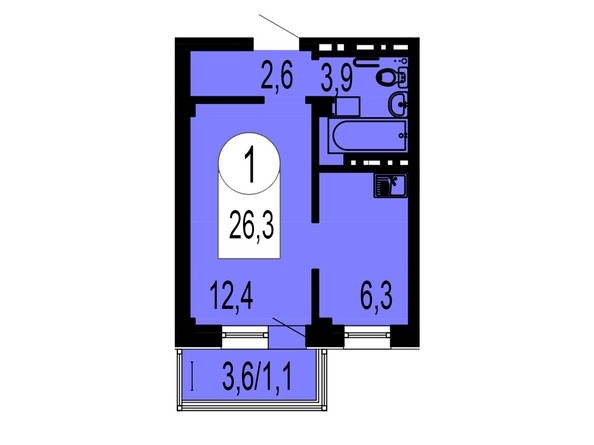 Планировка 1-комнатной квартиры 26,3 кв.м