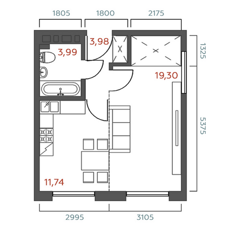 Планировка 1-комн 39,01, 39,36 м²