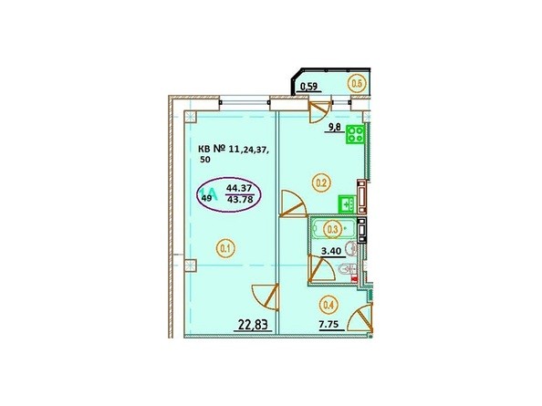 Планировка 1-комнатной квартиры 44,37 кв.м
