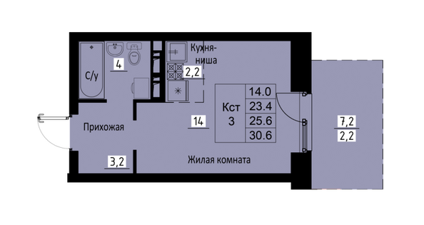 Планировка 1-комн 25,6 м²