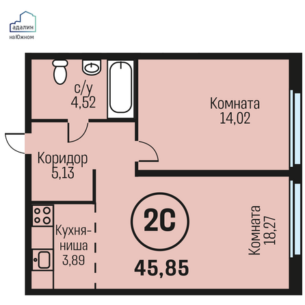 Планировка 2-комн 45,85 м²