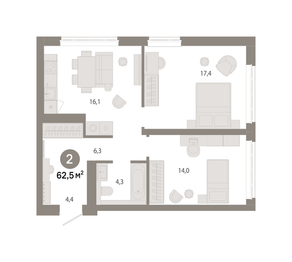 Планировка 2-комн 62,47 - 62,49 м²