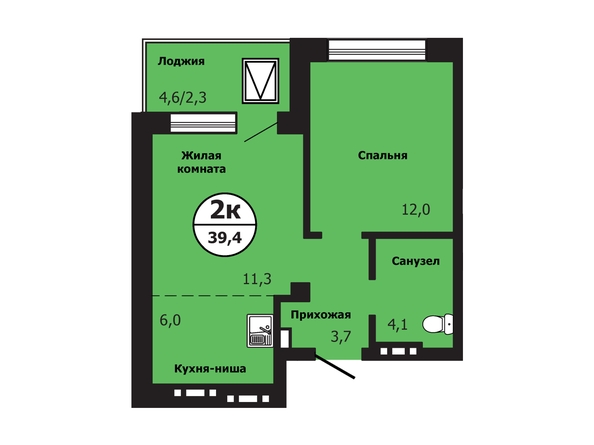 Планировка 2-комн 39,4, 39,5 м²