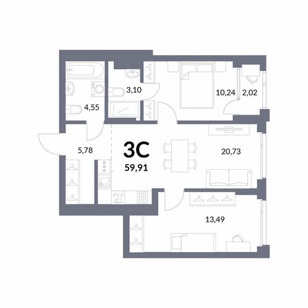 Планировка 3-комн 58,9 м²