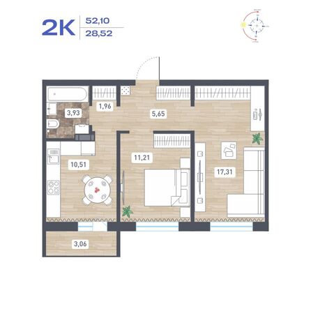 Планировка 2-комн 52,1 м²