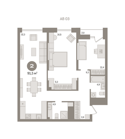 Планировка 2-комн 91,46 - 93,33 м²