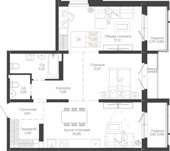 Планировка 2-комн 76,22 м²
