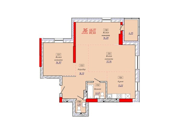 Планировка трехкомнатной квартиры 80,66 кв.м.