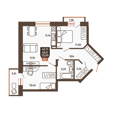 Планировка 3-комн 68,35 - 68,5 м²