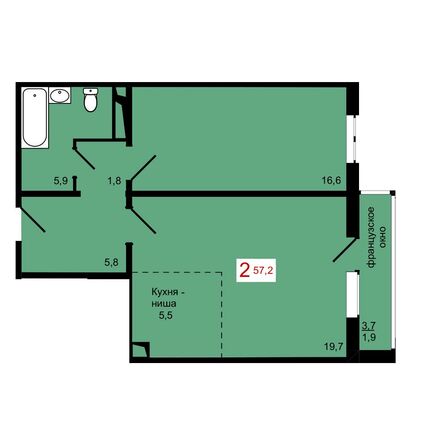Планировка 2-комн 57,2 м²