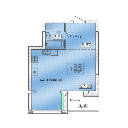 Планировка 1-комн 38,81 м²